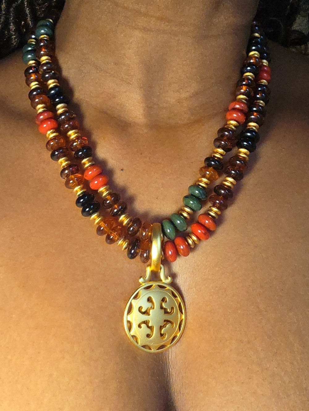Multi Vintage Boho Beaded Tribal Artisanal Necklace with Gold Tone Pendant